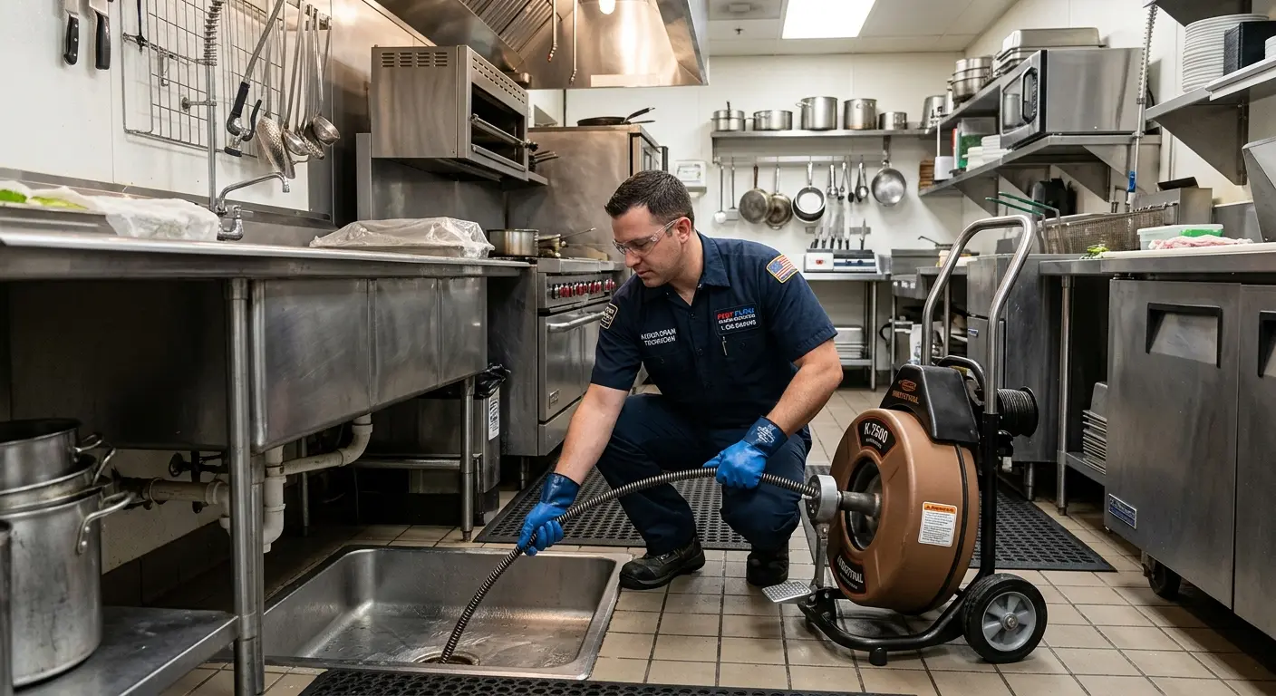 Commercial drain cleaning service in a restaurant kitchen in Escondido