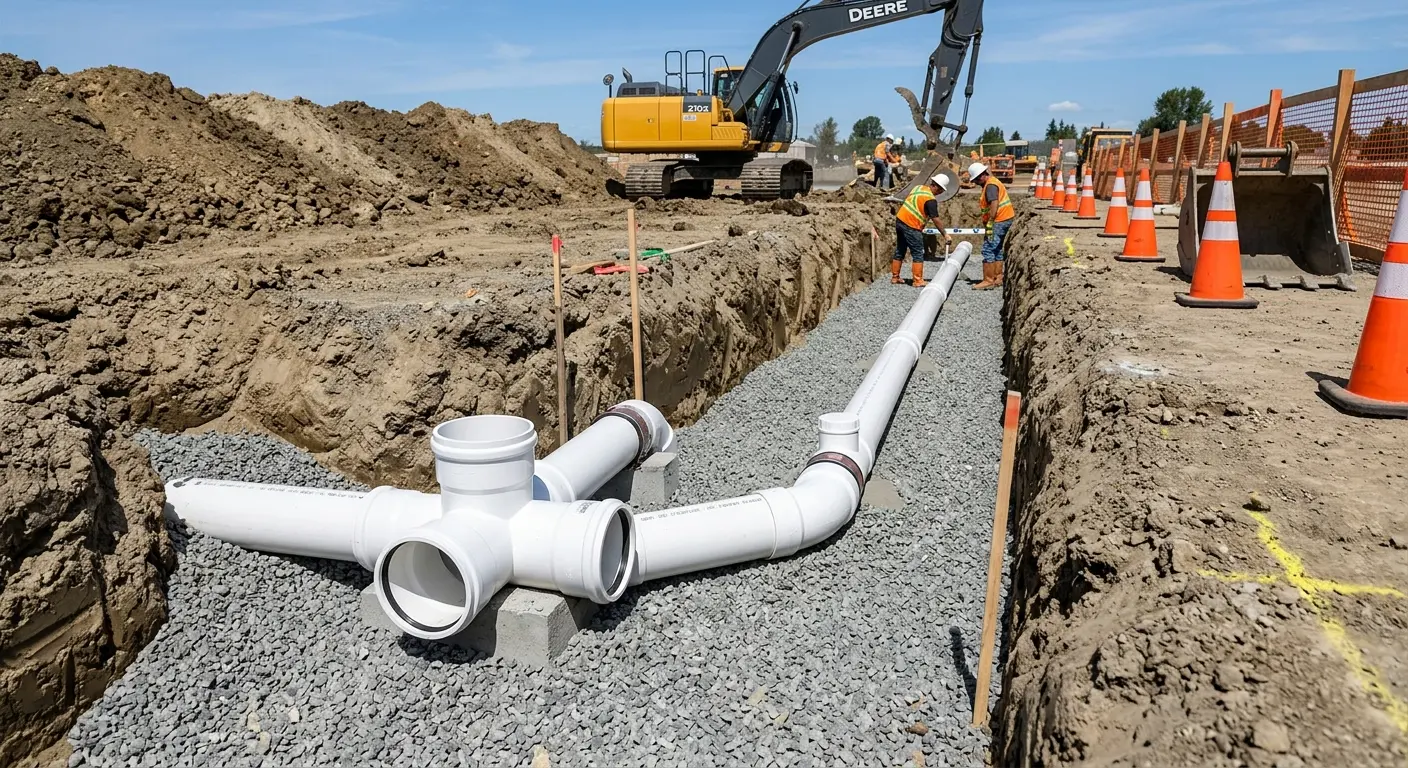 New PVC sewer pipe installation in open trench for Sewer Backup in Escondido