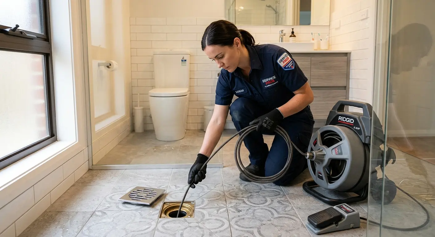 Technician clearing a bathroom floor drain for Sewer Line Replacement in Escondido